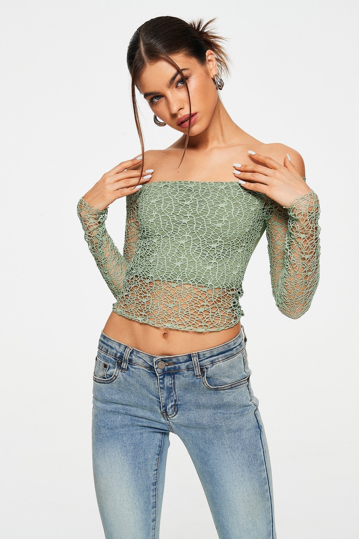 Off Shoulder Cut Out Crochet Splicing Long Sleeve Top