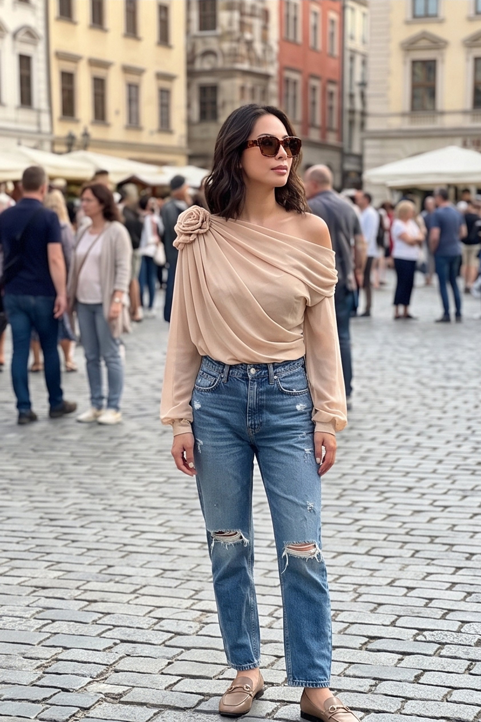 Chiffon Floral Off-the-Shoulder Fitted Blouse