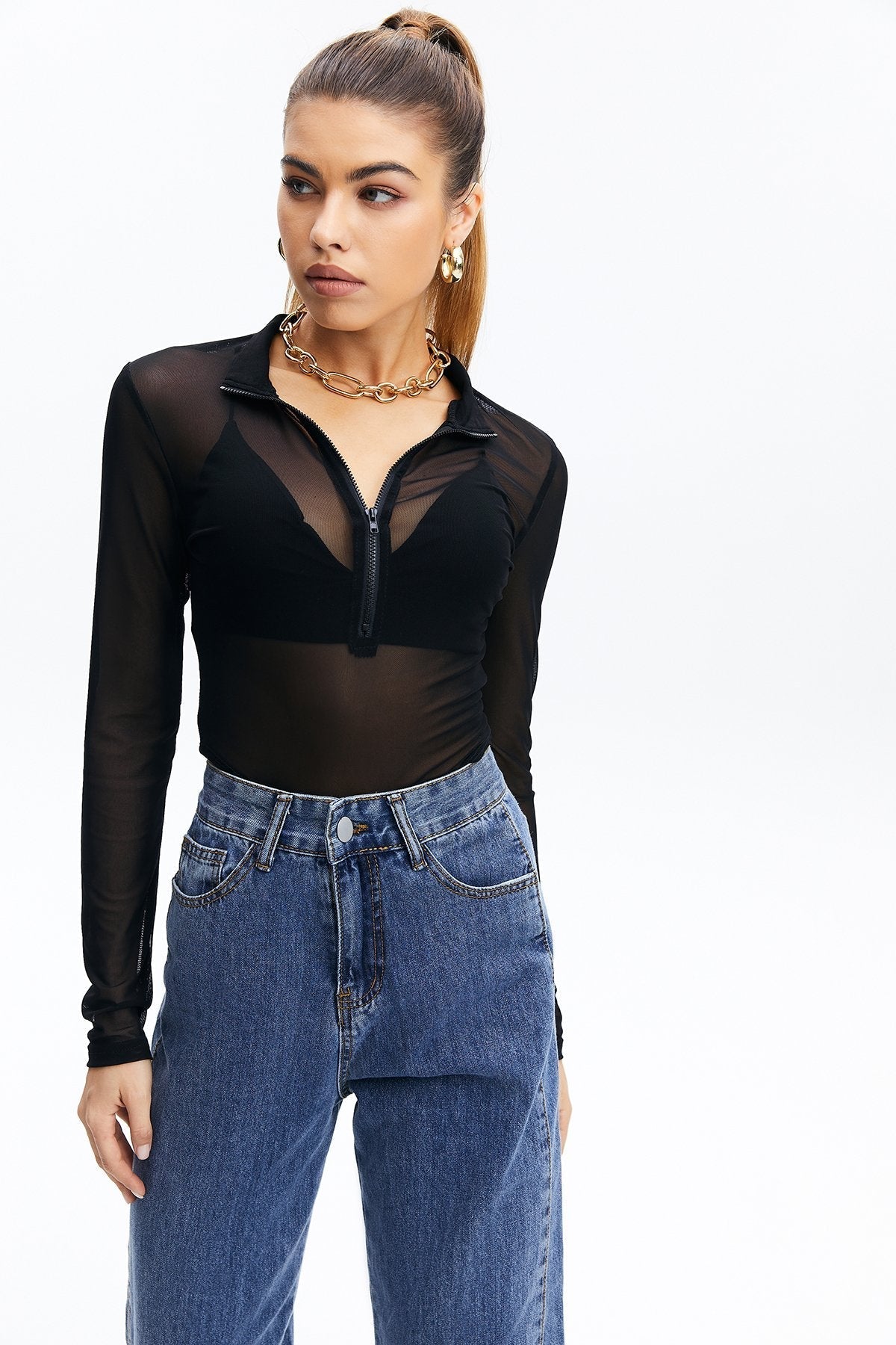 Mesh Half Zipper Solid Bodysuit