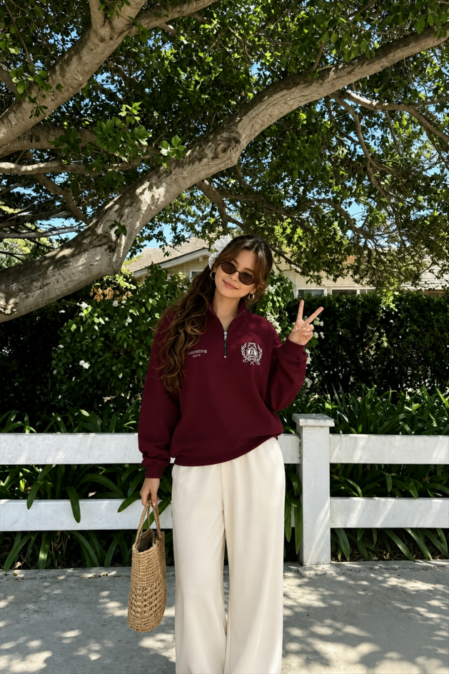 Relaxed Fleece-Lined Half-Zip Stand Collar Convertible Sweatshirt