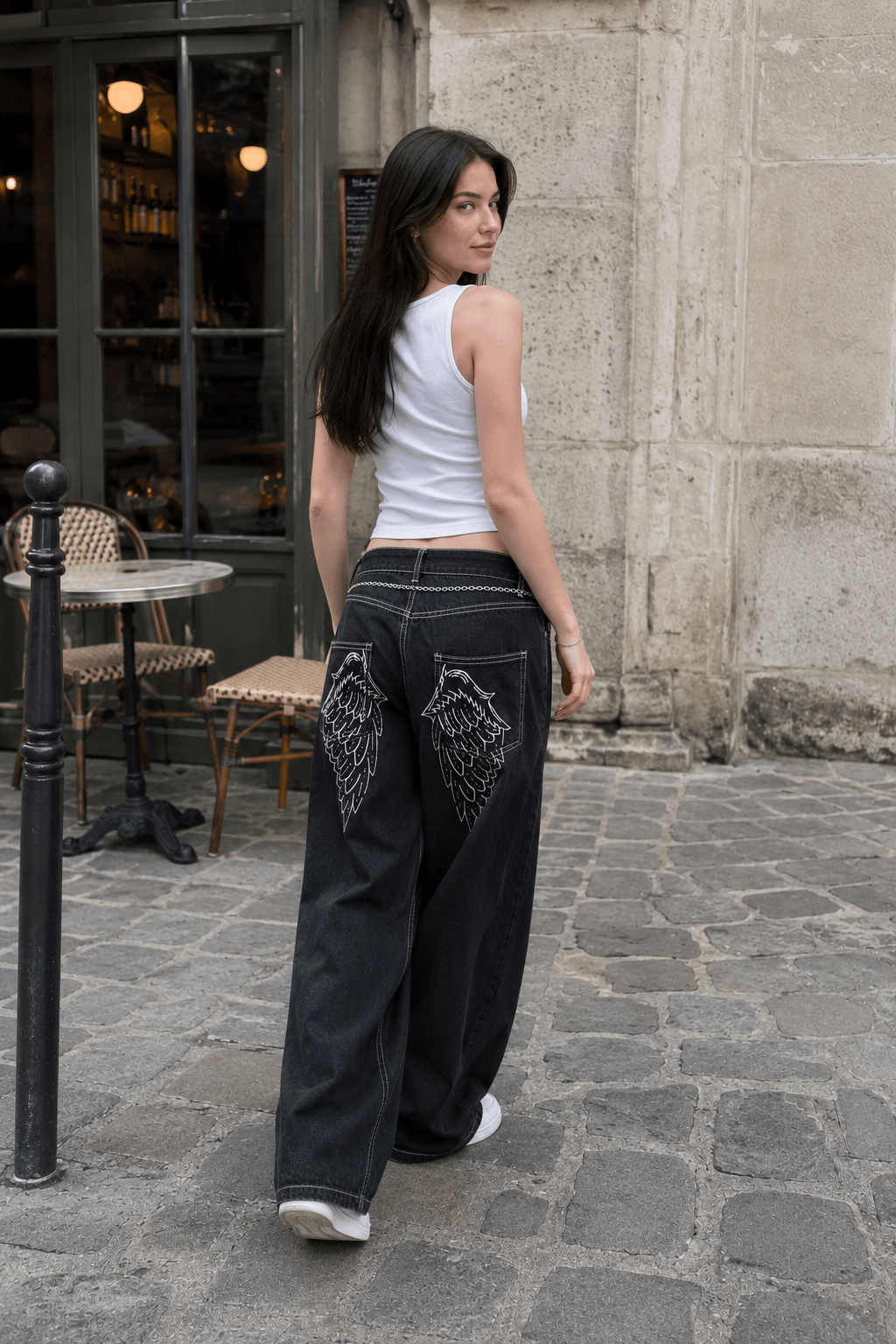 Angel Wing Embroidery Rhinestone Straight Jeans