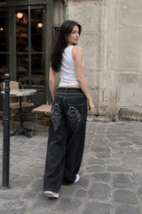Angel Wing Embroidery Rhinestone Straight Jeans