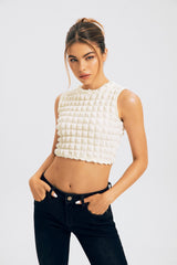 Bubble Textured Lettuce Trim Sleeveless Crop Top