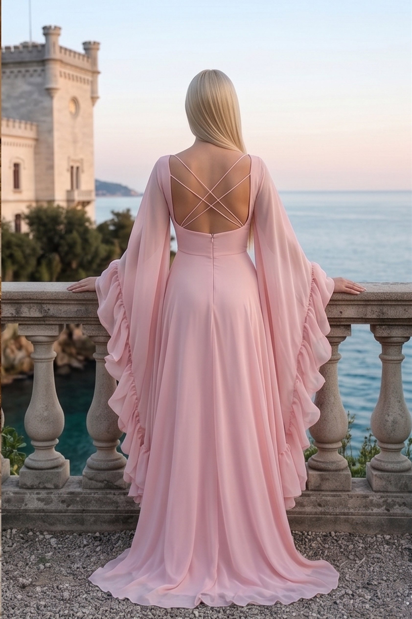 Ruffle Flared Sleeve Tulle Puff Tiered Maxi Dress