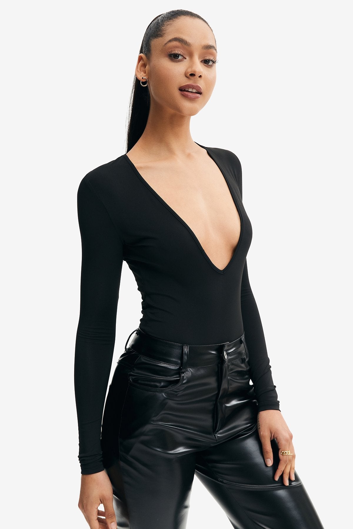 Plunging Neck Long Sleeve Solid Bodysuit
