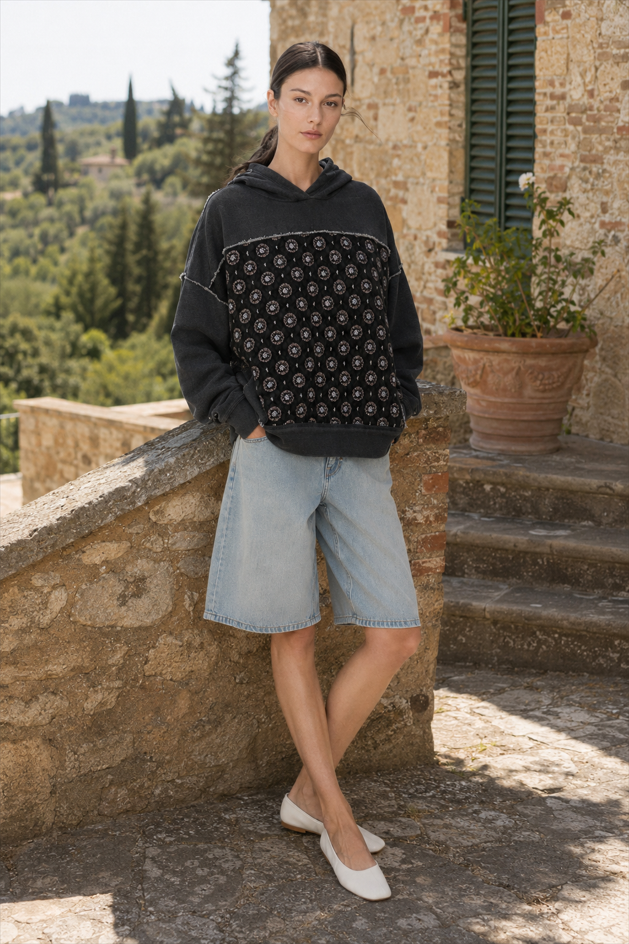 Embroidered Panel Design Casual Pullover Hoodie