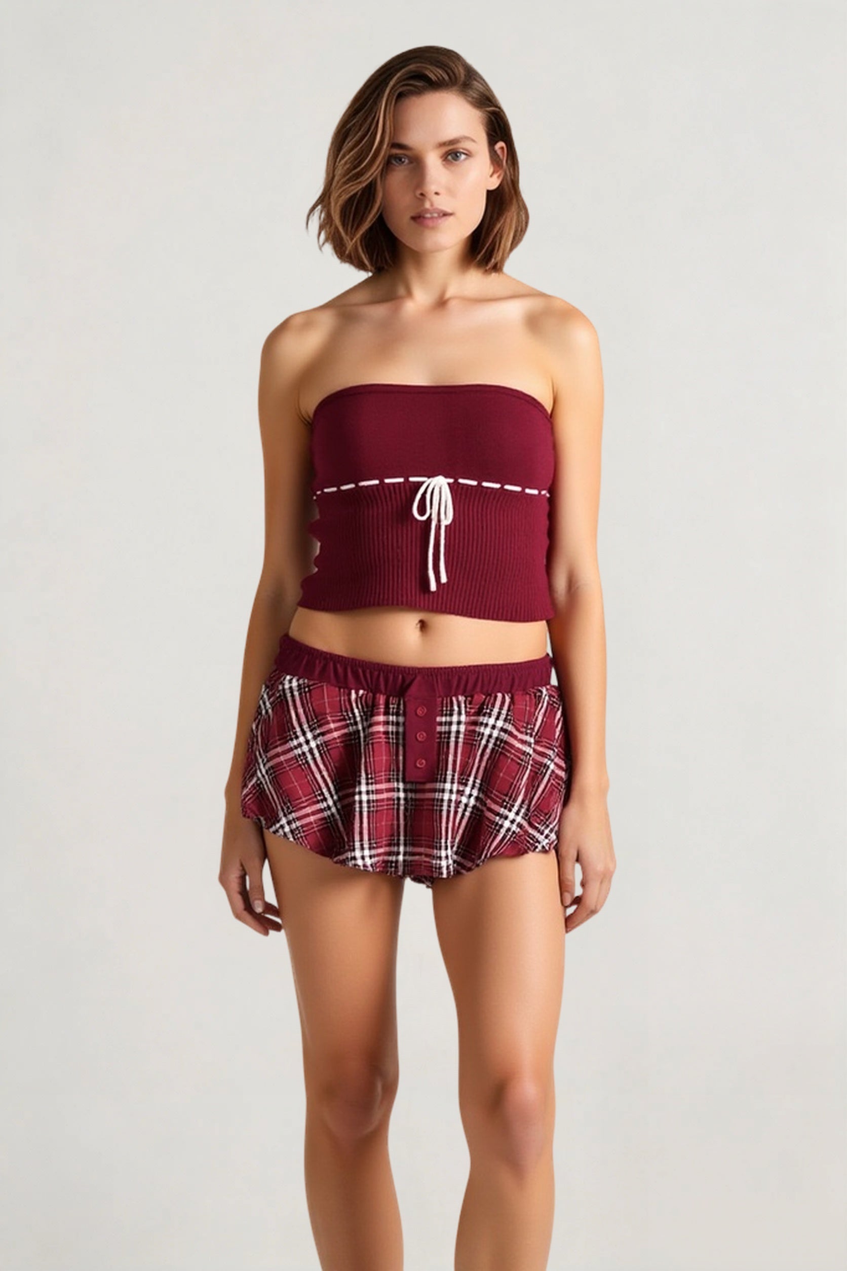 Y2K Plaid Faux Button Skirt with Built-in Shorts Skirt