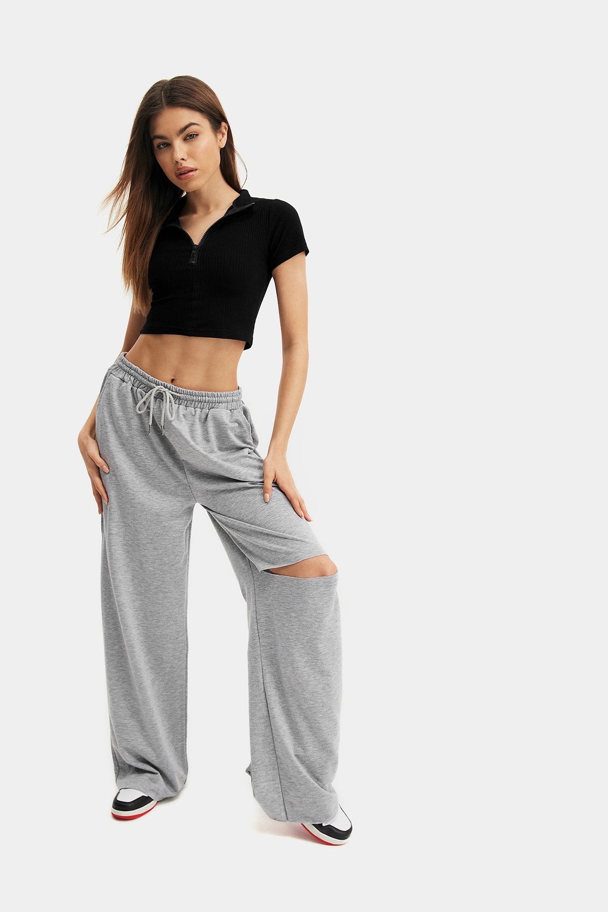 High Waist Dual Pocket Ripped Straight Pants