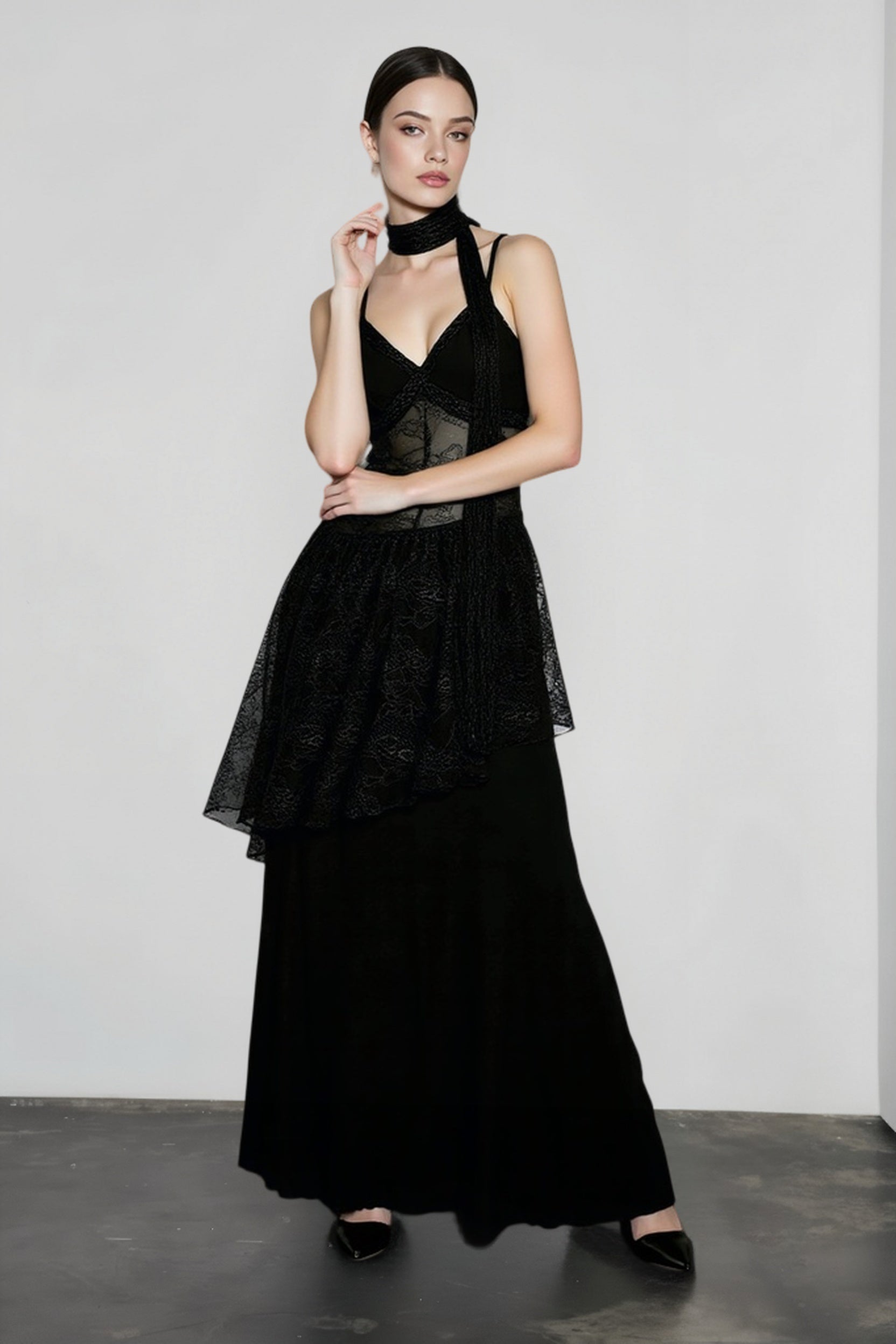 Lace Trim Sheer Waist Tie Cami Maxi Lace Dress