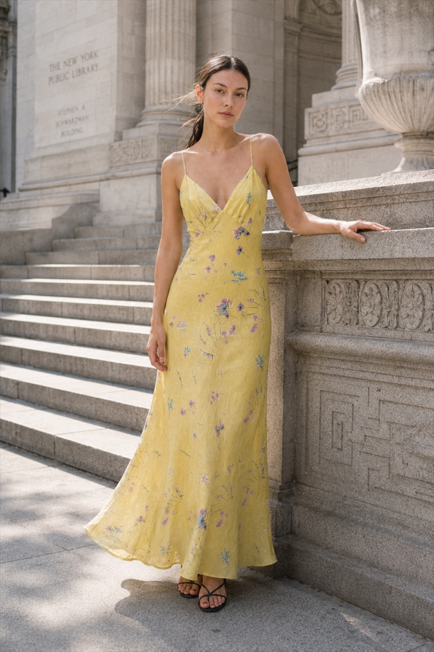 Casual Yellow Print Spaghetti Strap Floral Dress