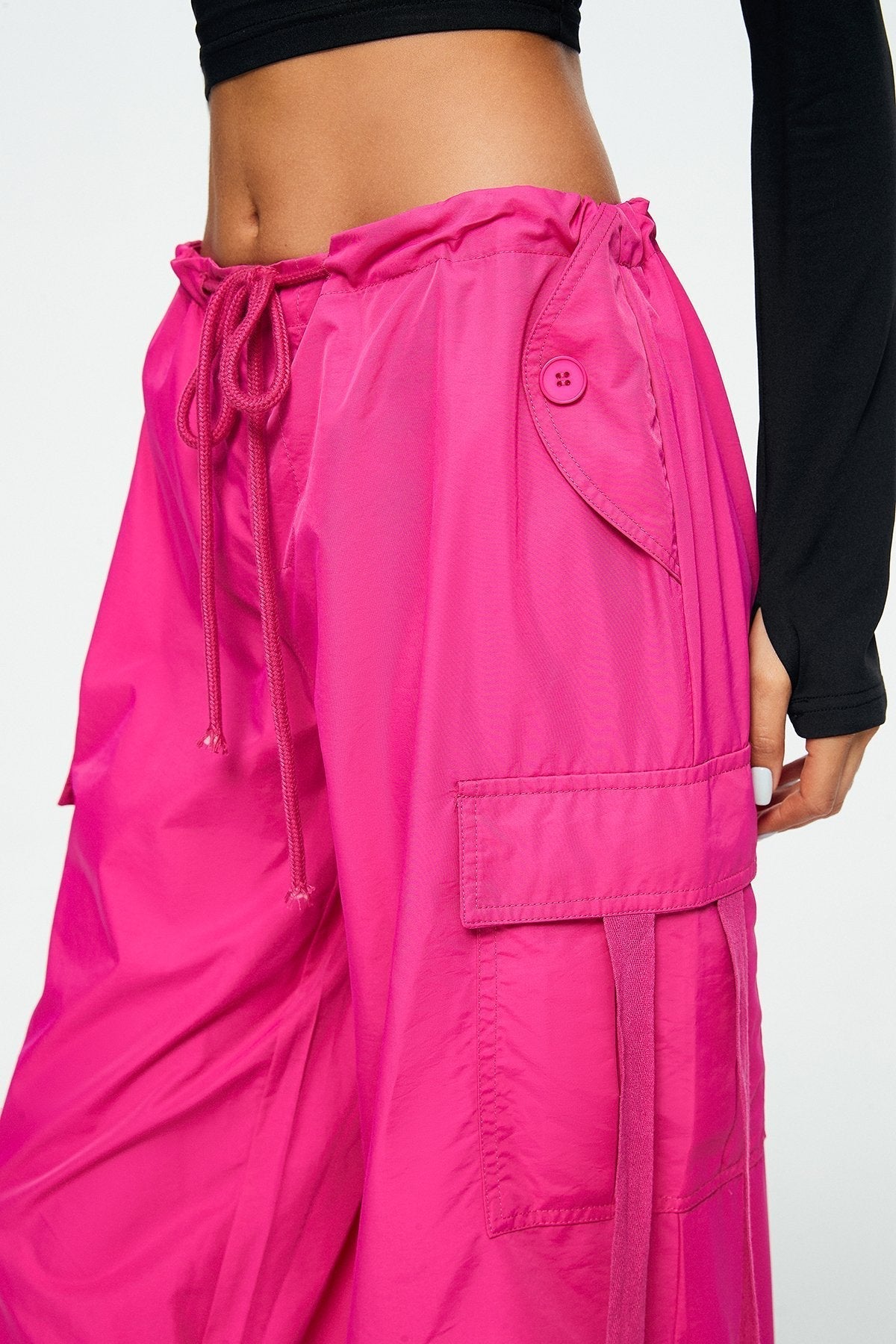 Drawstring Waist Pocket Patched Parachute Pants