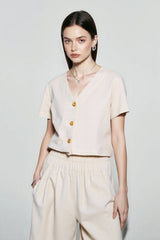 Linen V Neck Short Sleeve Blouse