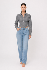Striped Waist Cinched Collared Short Blouse