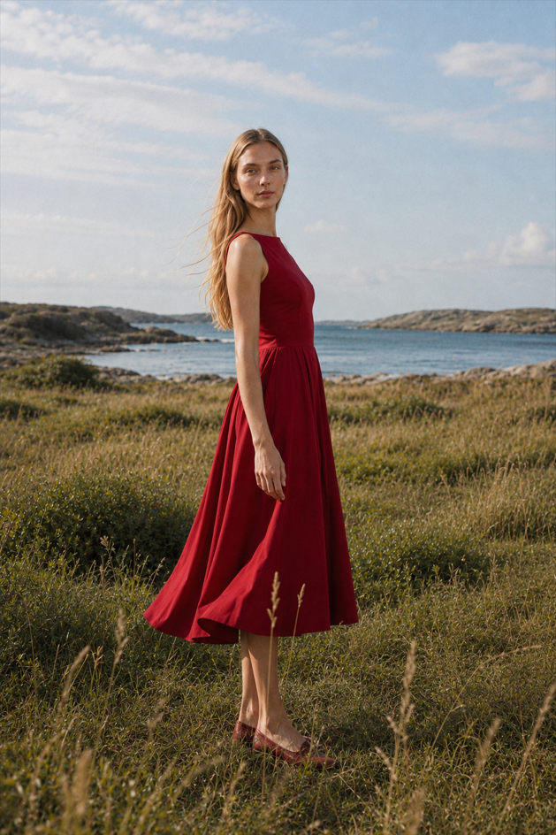 Fashion Solid Sleeveless Waisted Slim Midi Dress