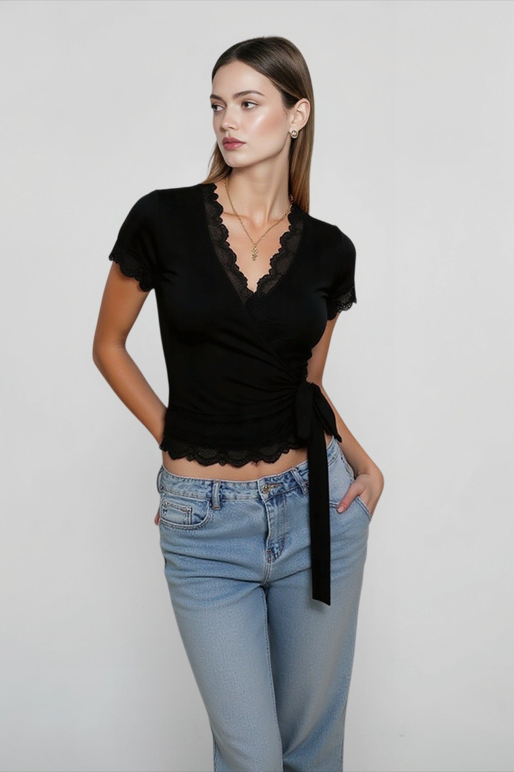 Lace Trim V Neck Tie T-shirts