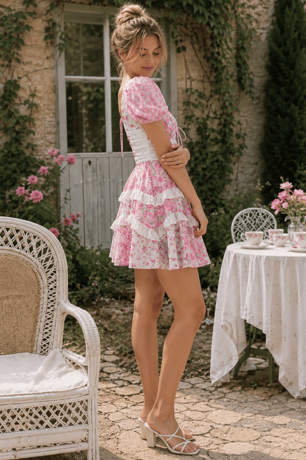 Floral Lace Patchwork V Neck Puff Short Sleeve Mini Dress