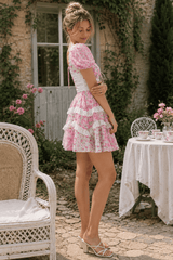 Floral Lace Patchwork V Neck Puff Short Sleeve Mini Dress