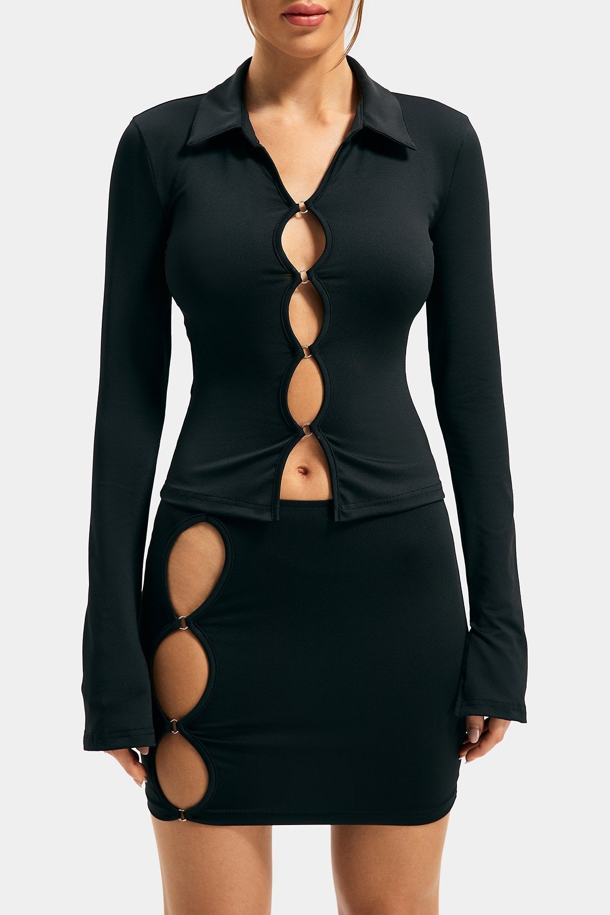 Lapel Neck Long Sleeve Top & Cut Out Mini Skirt Set