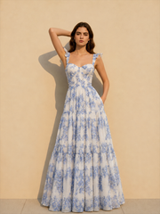 Floral Print Sleeveless Backless Lace-up Floral Dress