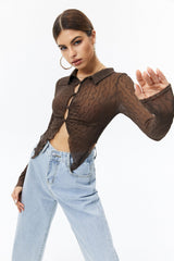 Lettuce Trim Split Hem Mesh Long Sleeve Top