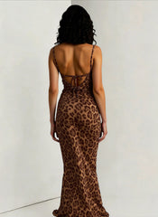 Sexy Sheer Cowl Neck Leopard Cami Maxi Dress