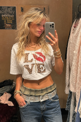 Street Style Leopard Letter Print V Neck Sexy Crop Top T-shirt