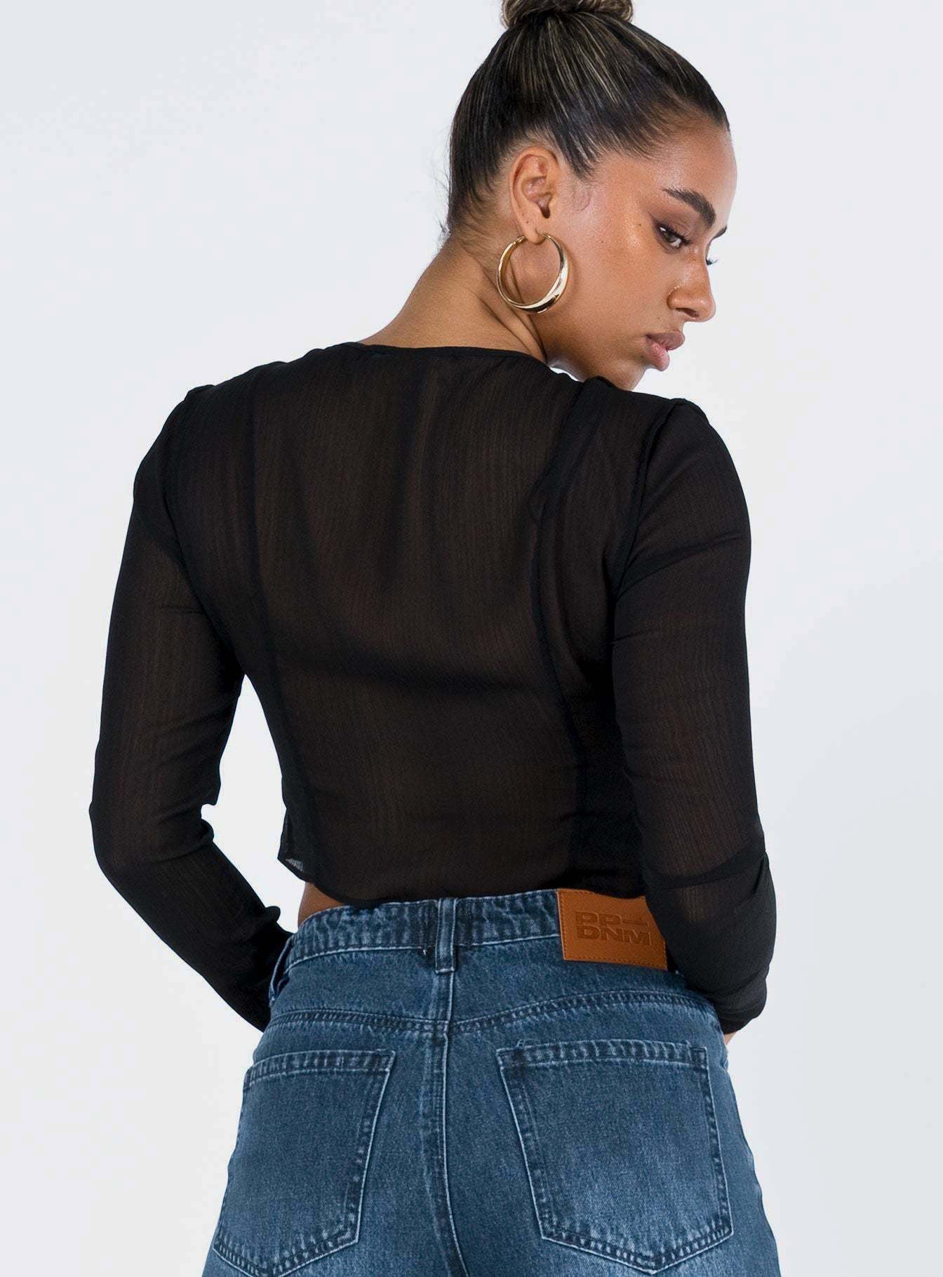 Tie Detail Cut Out Long Sleeve Mesh Shirt