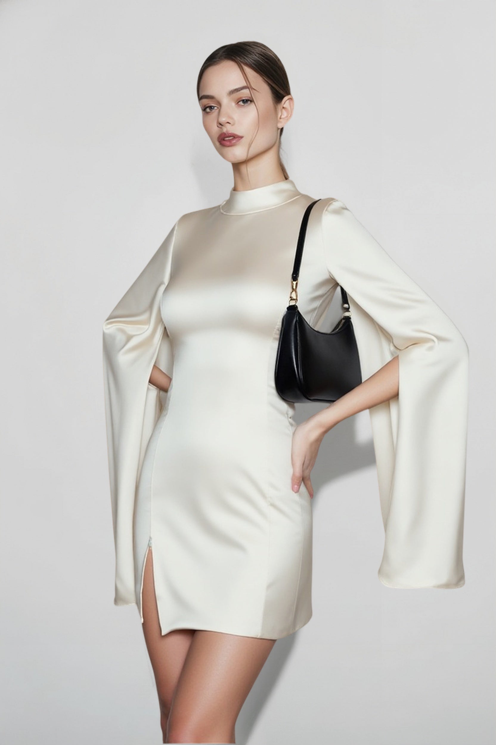 Cape Sleeve Satin Silk Dress