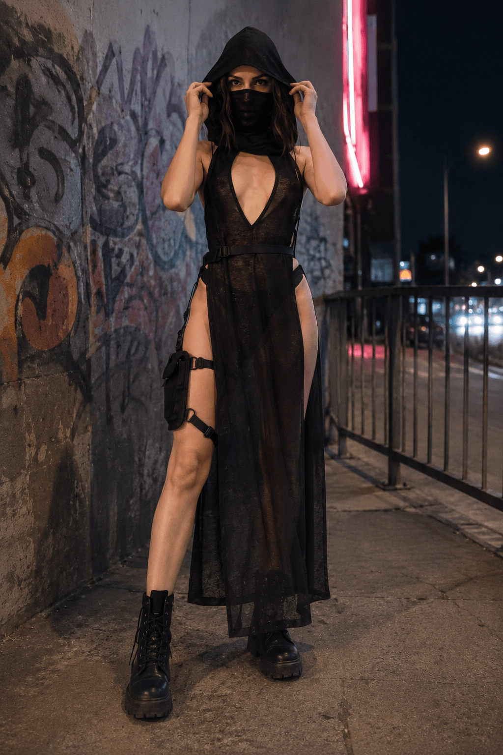 Attractive Rebel Net Hollow Hooded Full-Length Dress