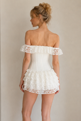 Lace Trim Bow Tie Corset Boned Off Shoulder Mini Dress