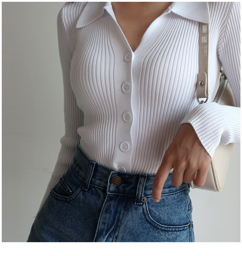 Button Up V-Neck Collar Long Sleeve Rib Knit Top