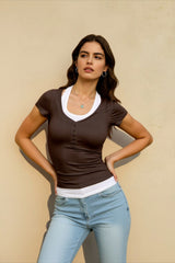 Button Front Y2K Fitted T-shirts