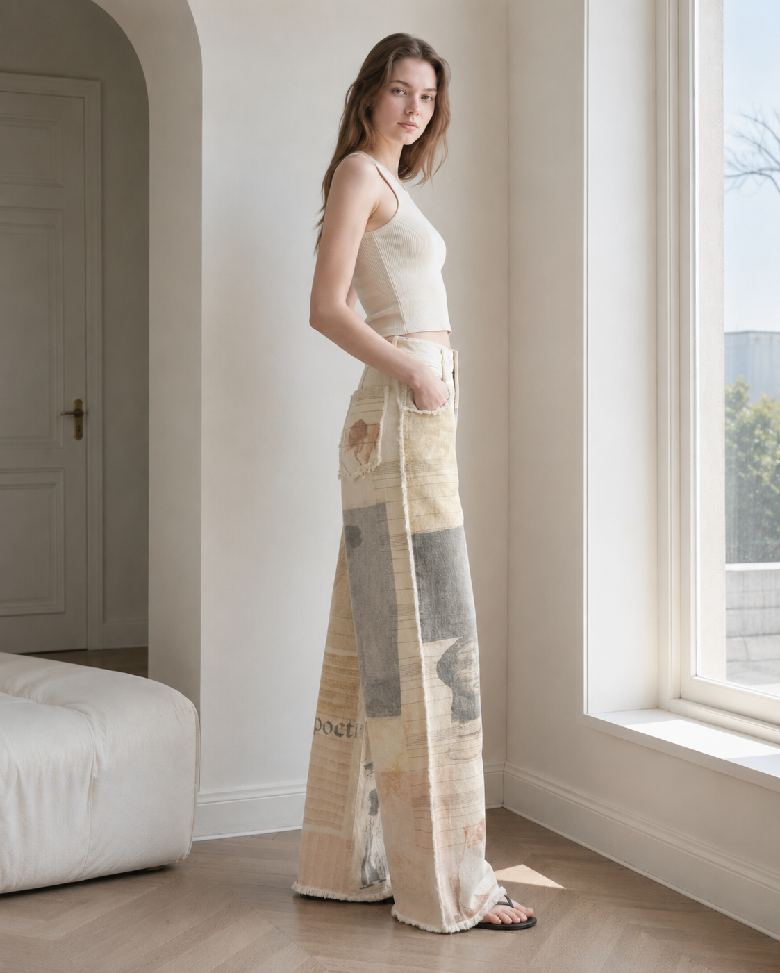 Vintage Newspaper Print Straight Leg Jeans