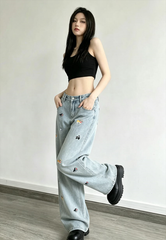 Cute Dog Embroidered Vintage Loose Jeans