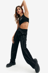 Buckled Belted Top-stitching Straight Leg Jeans