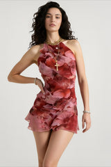 Floral Ruffle Halter Backless Mini Dress