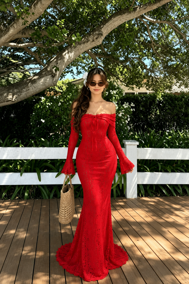 Off Shoulder Lace Flare Sleeve Fitted Train Elegant Maxi Dress