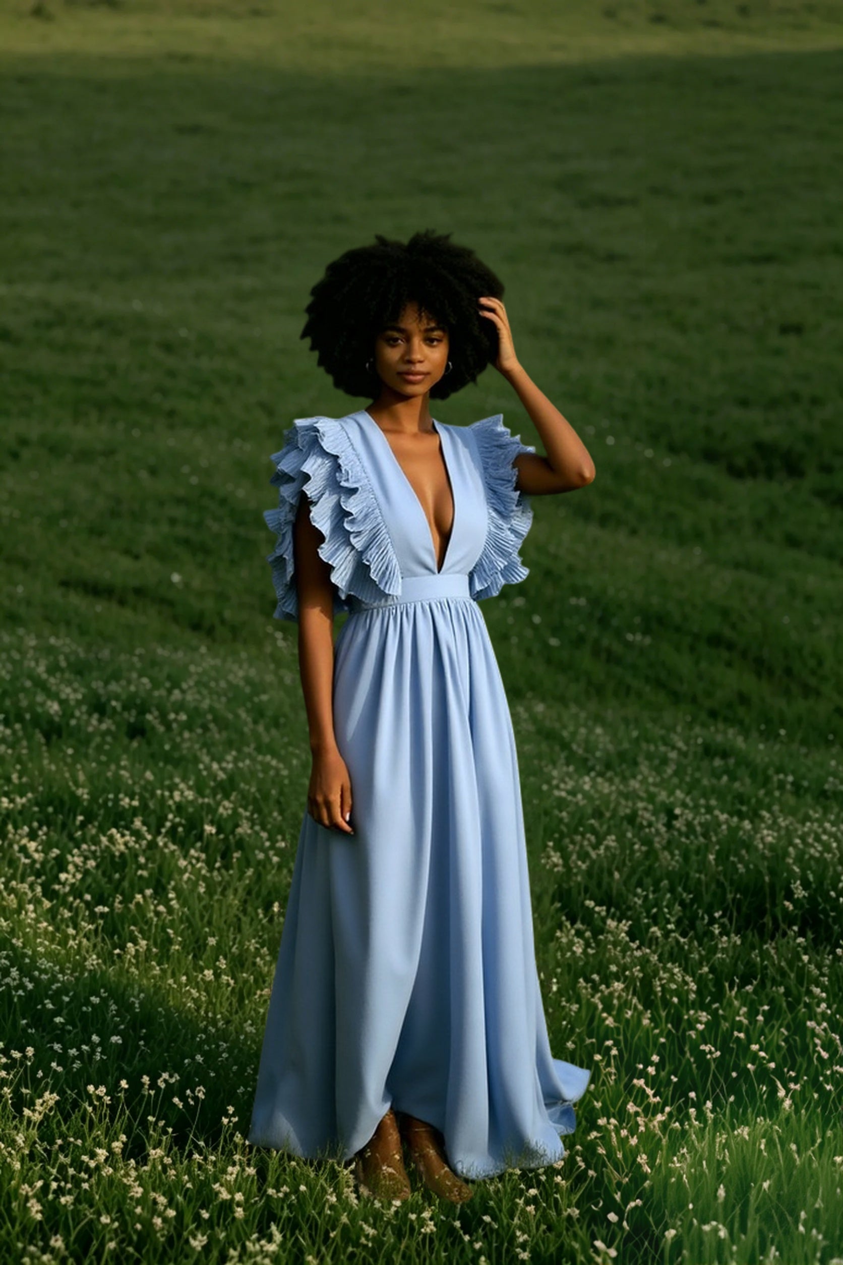 V Neck Ruffled High Waist Dress