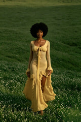 Ruffled Slit V-neck Maxi Dress