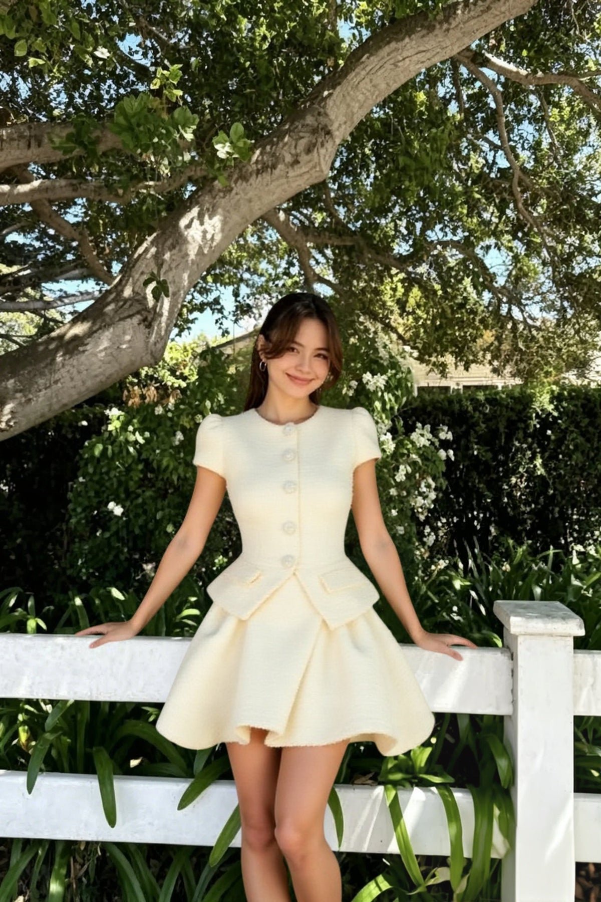 Short Boucle Cardigan Peplum Skirt Tweed Suit Set
