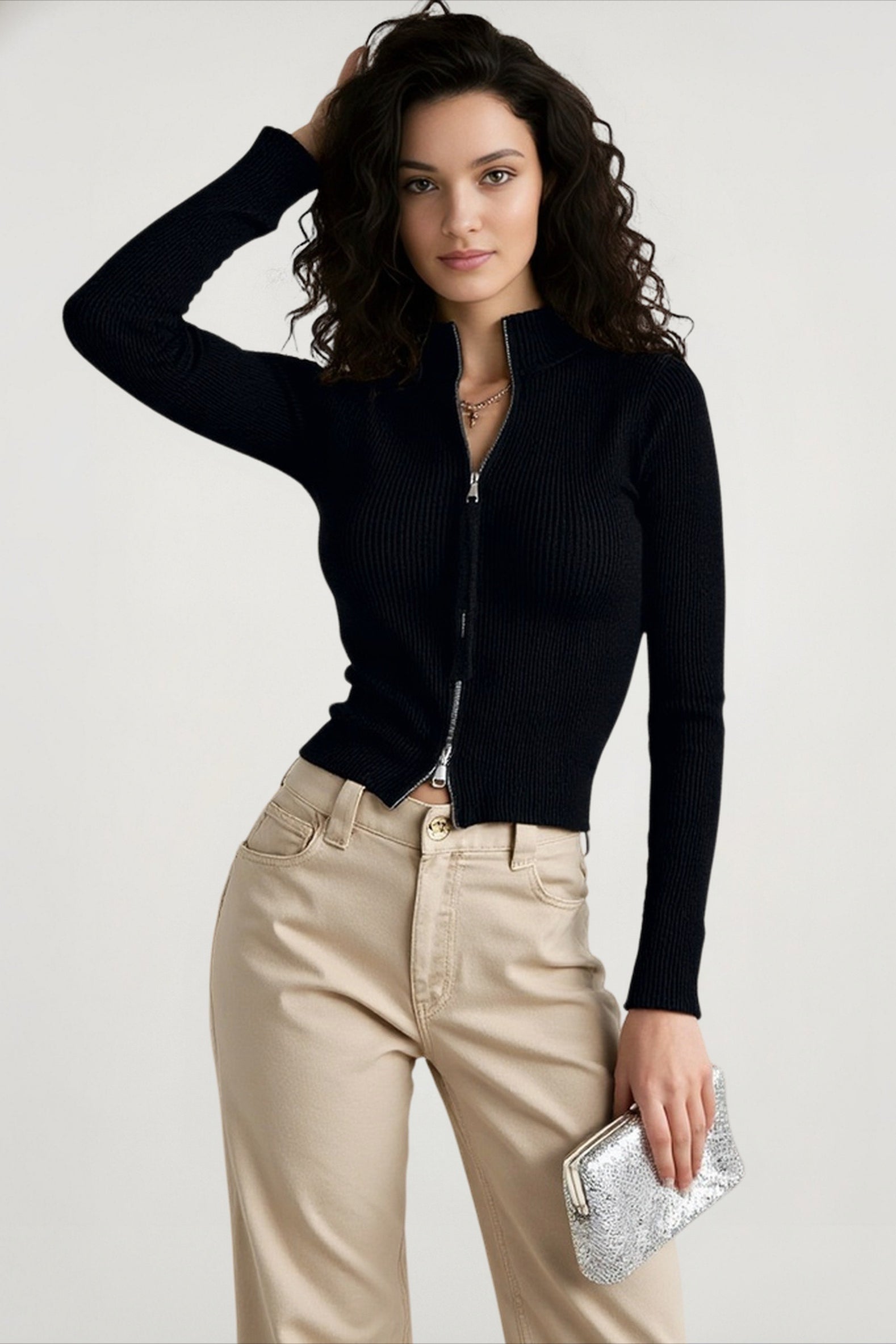 Stand Collar Slim Fit Dual Zip Cardigan