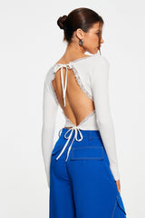 Lace Trim Ribbed Knit Backless Long Sleeve Top