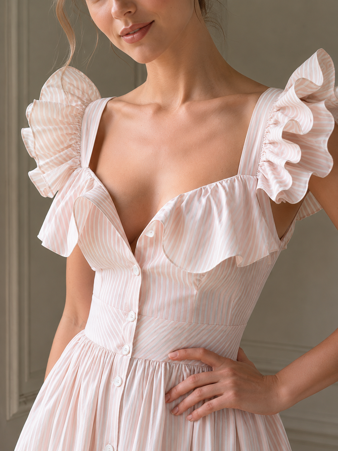Ruffle Striped Square Collar Midi Dress