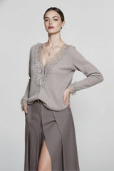 Lace Trim V Neck Cashmere Cardigan
