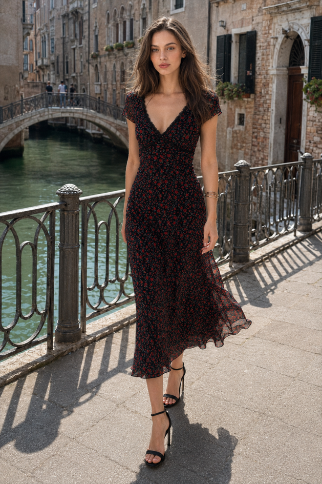 Black Rose V Neck Slim Fitted Bodycon Floral Dress