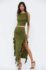 Ruffle Trim Sleeveless Crop Top & Split Hem Skirt Set