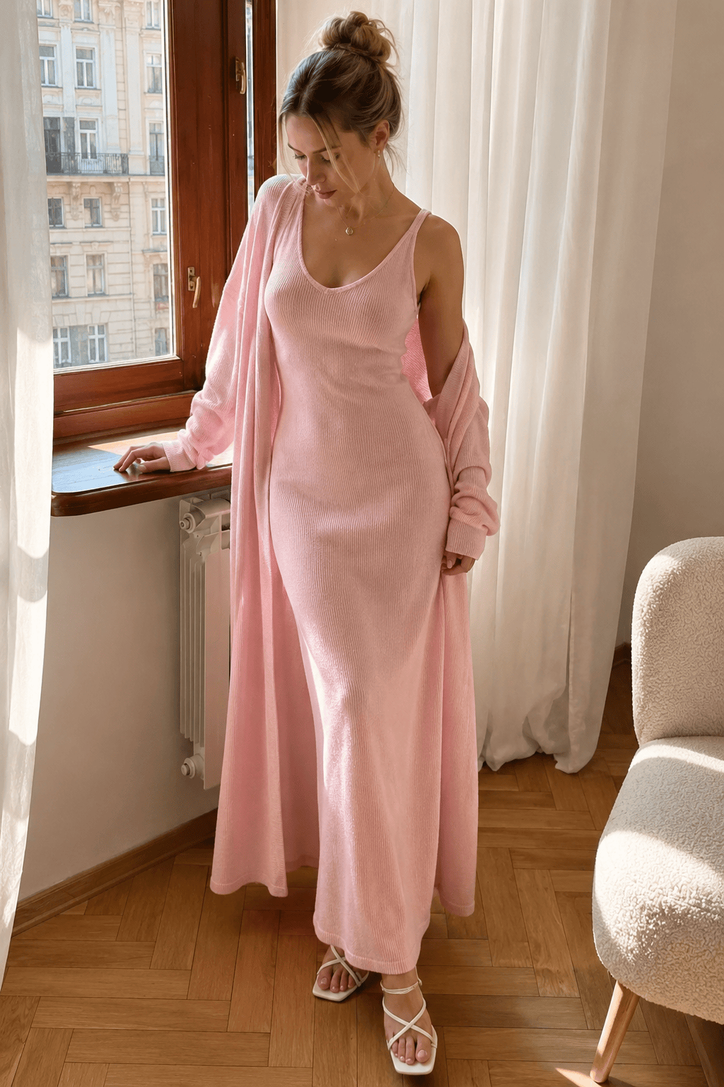Solid V Neck Cotton Knit Bodycon Two Piece Set