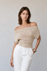 Chic Cold Shoulder Stripe Short Sleeve Knit Blouse