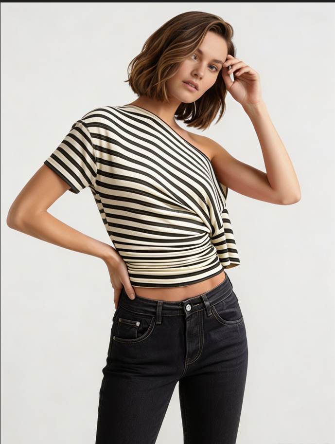 Vintage Asymmetrical Shoulder Striped Tie Waist T-shirt