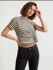 Vintage Asymmetrical Shoulder Striped Tie Waist T-shirt